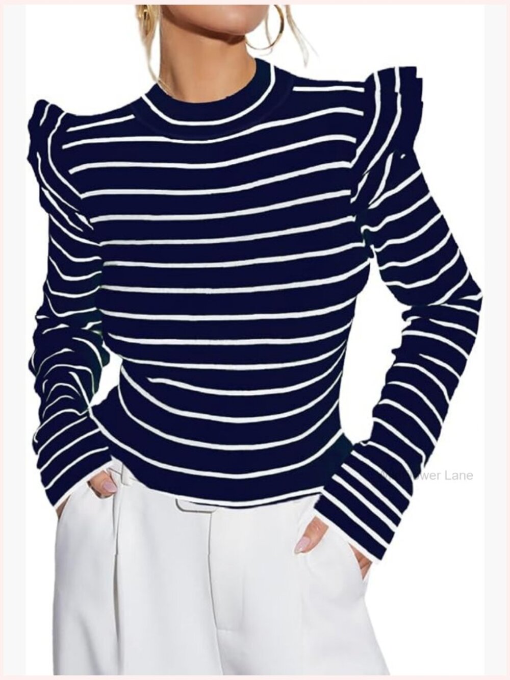 Women's Long Sleeve Ruffle Blouse Striped Rib Knit Slim Fit Casual Office Top